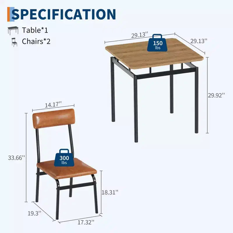 Set da Pranzo 3 Pezzi, con 2 Sedie Rivestite in PU