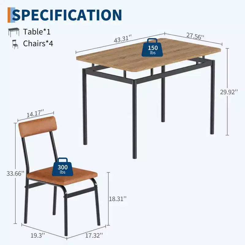 Set da tavolo da pranzo 5 pezzi, con 4 sedie imbottite in PU