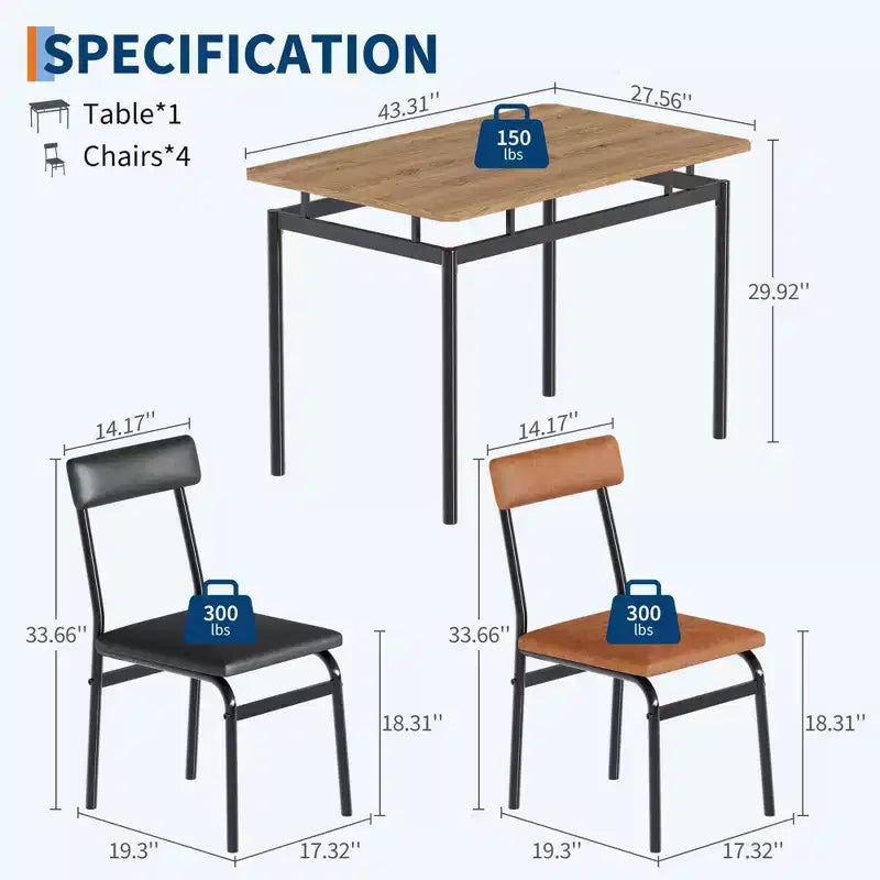 Set da tavolo da pranzo 5 pezzi, con 4 sedie imbottite in PU