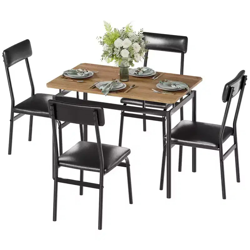 5 Piece Dining Table Set, with 4 PU Upholstered Chair