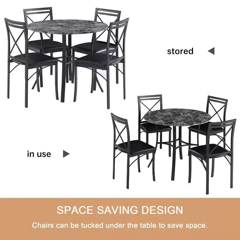 VECELO set da pranzo di 5 pezzi per 4 persone, dinette in finto marmo con 4 sedie per cucina, piccoli spazi, bianco/nero