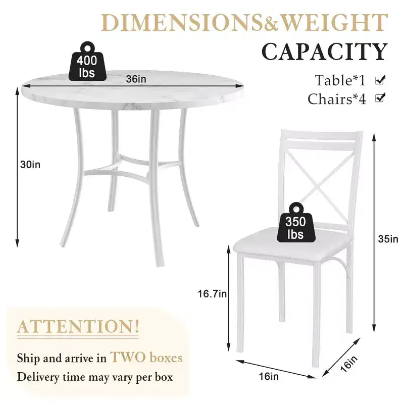 VECELO set da pranzo di 5 pezzi per 4 persone, dinette in finto marmo con 4 sedie per cucina, piccoli spazi, bianco/nero