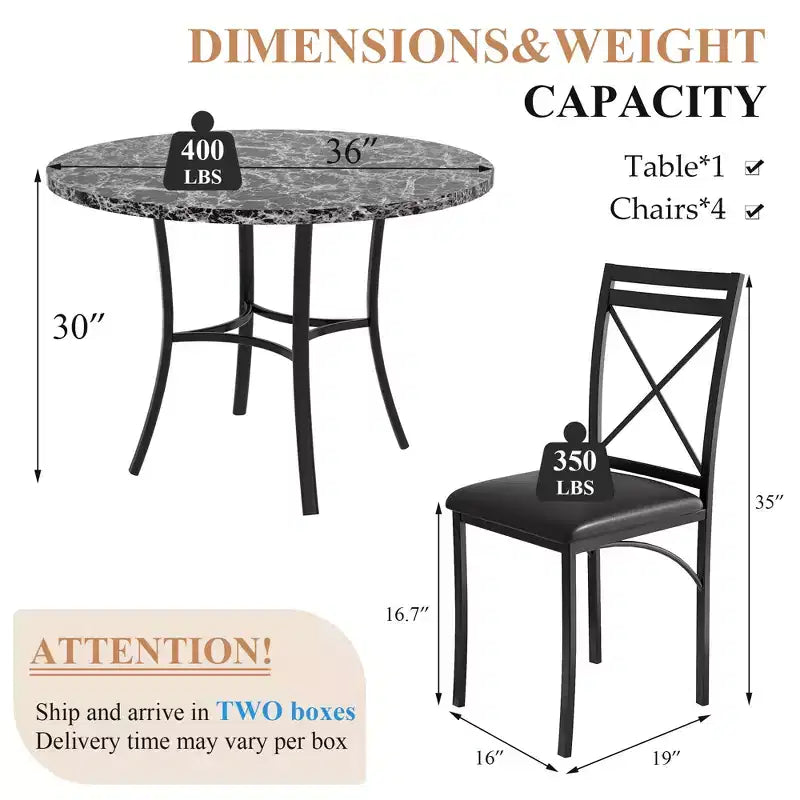VECELO set da pranzo di 5 pezzi per 4 persone, dinette in finto marmo con 4 sedie per cucina, piccoli spazi, bianco/nero