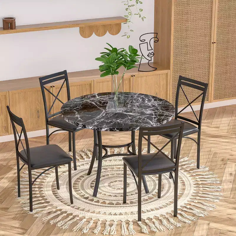 VECELO set da pranzo di 5 pezzi per 4 persone, dinette in finto marmo con 4 sedie per cucina, piccoli spazi, bianco/nero
