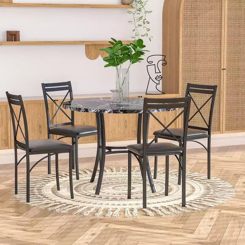 VECELO set da pranzo di 5 pezzi per 4 persone, dinette in finto marmo con 4 sedie per cucina, piccoli spazi, bianco/nero