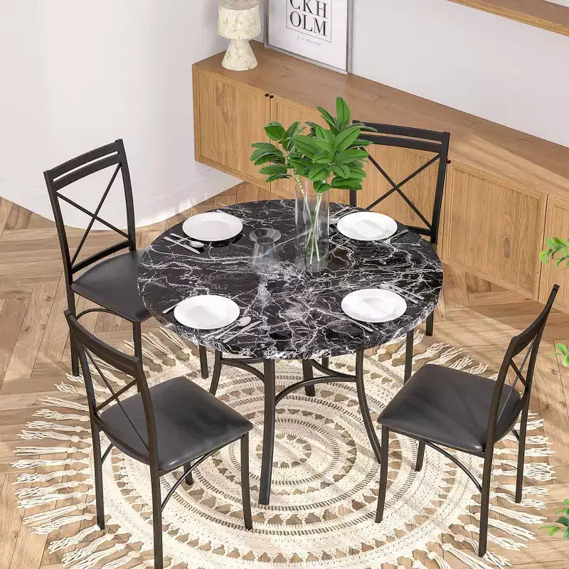VECELO set da pranzo di 5 pezzi per 4 persone, dinette in finto marmo con 4 sedie per cucina, piccoli spazi, bianco/nero
