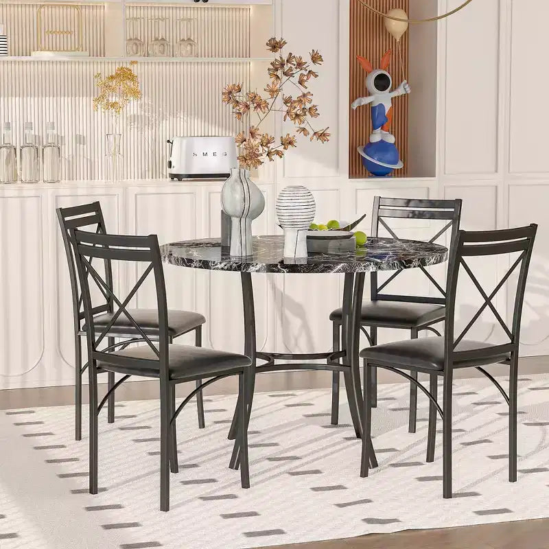 VECELO set da pranzo di 5 pezzi per 4 persone, dinette in finto marmo con 4 sedie per cucina, piccoli spazi, bianco/nero