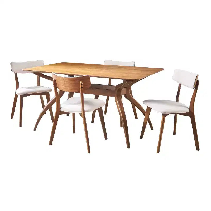 GDFStudio Megann Set Sala da Pranzo 5 Pezzi in Legno e Tessuto Stile Moderno Metà Secolo