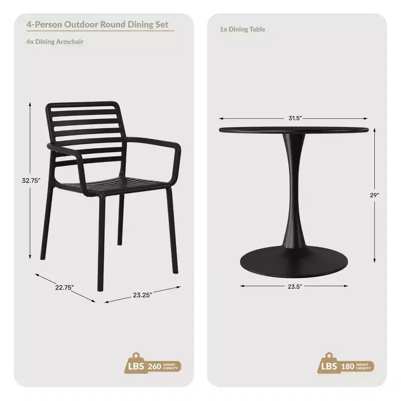 WestinTrends Playa Set Tavolo da Pranzo da 5 Pezzi per Interni ed Esterni in Metallo con Sedie da Giardino Impilabili in Plastica con Braccioli
