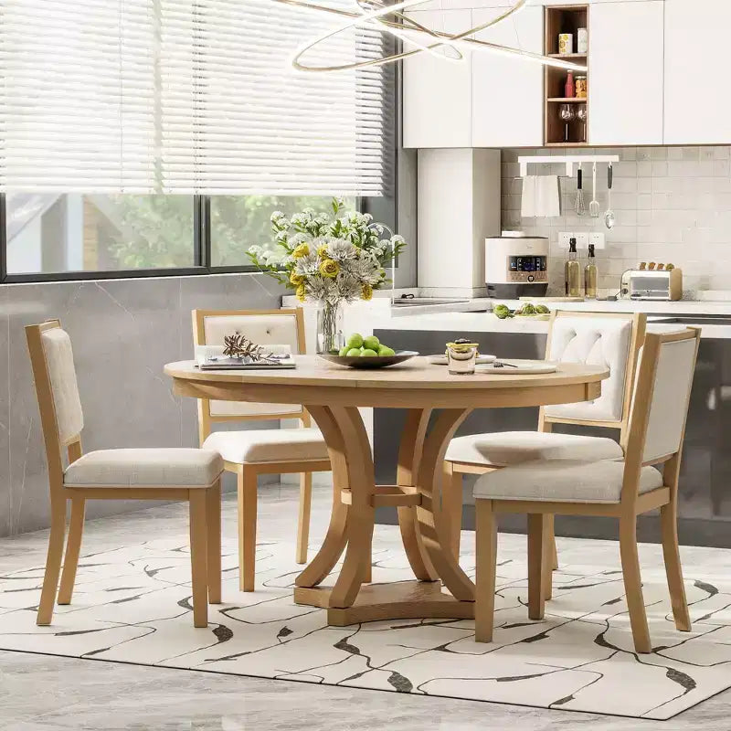 Merax Set da Pranzo Retrò 5 Pezzi Elegante con Tavolo Rotondo Allungabile e 4 Sedie Imbottite