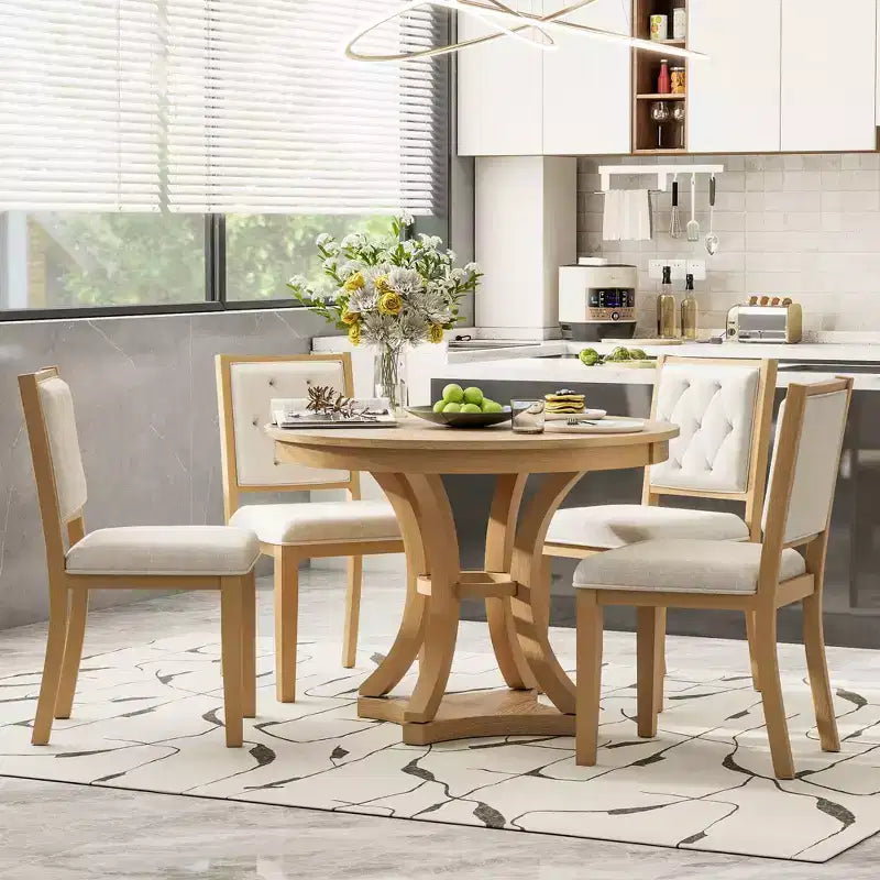Merax Set da Pranzo Retrò 5 Pezzi Elegante con Tavolo Rotondo Allungabile e 4 Sedie Imbottite