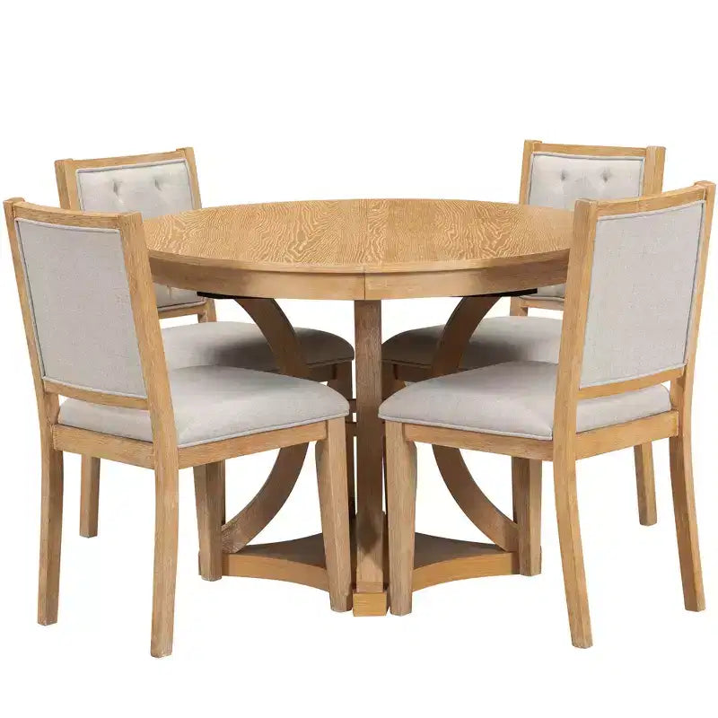 Merax Set da Pranzo Retrò 5 Pezzi Elegante con Tavolo Rotondo Allungabile e 4 Sedie Imbottite