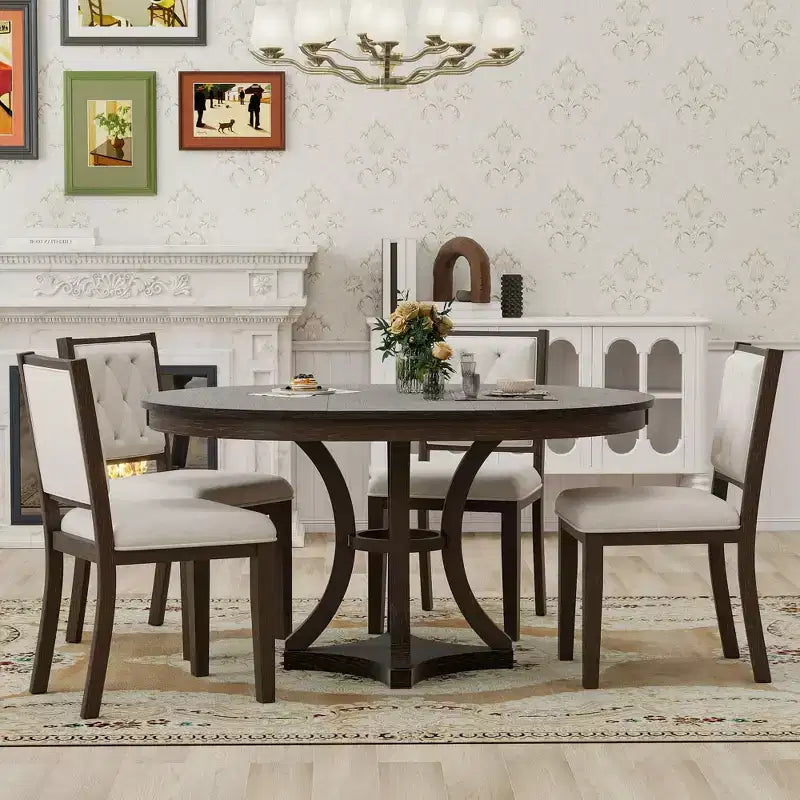Merax Set da Pranzo Retrò 5 Pezzi Elegante con Tavolo Rotondo Allungabile e 4 Sedie Imbottite