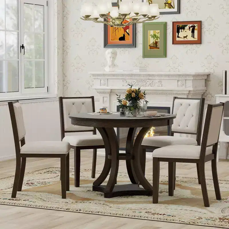 Merax Set da Pranzo Retrò 5 Pezzi Elegante con Tavolo Rotondo Allungabile e 4 Sedie Imbottite