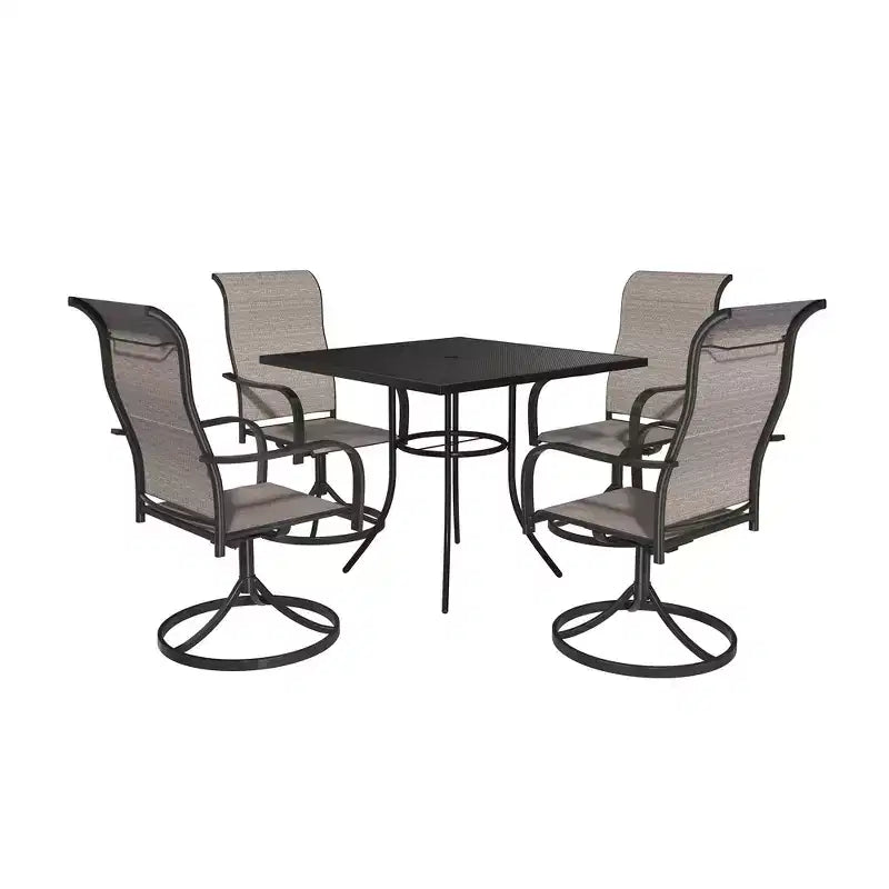 Set da pranzo da esterno Mondawe 5 pezzi con 4 sedie girevoli e 1 tavolo in rete d'acciaio con foro per ombrellone