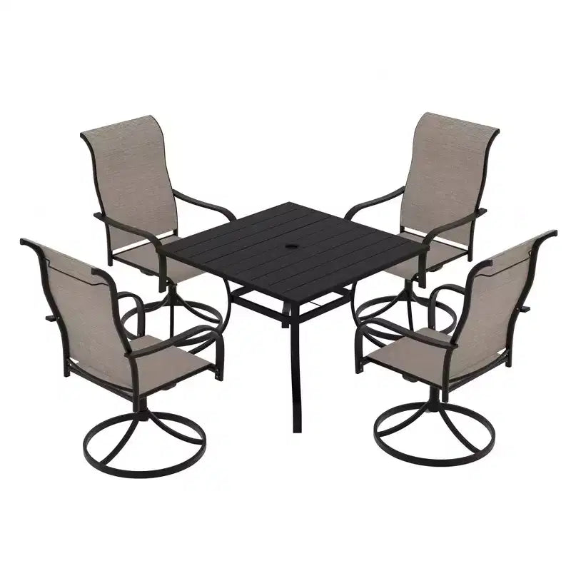 Mondawe 5-Piece Patio Dining Set,Square Table built-in Umbrella Hole & 360 Degree Swivel Chairs Outdoor Set