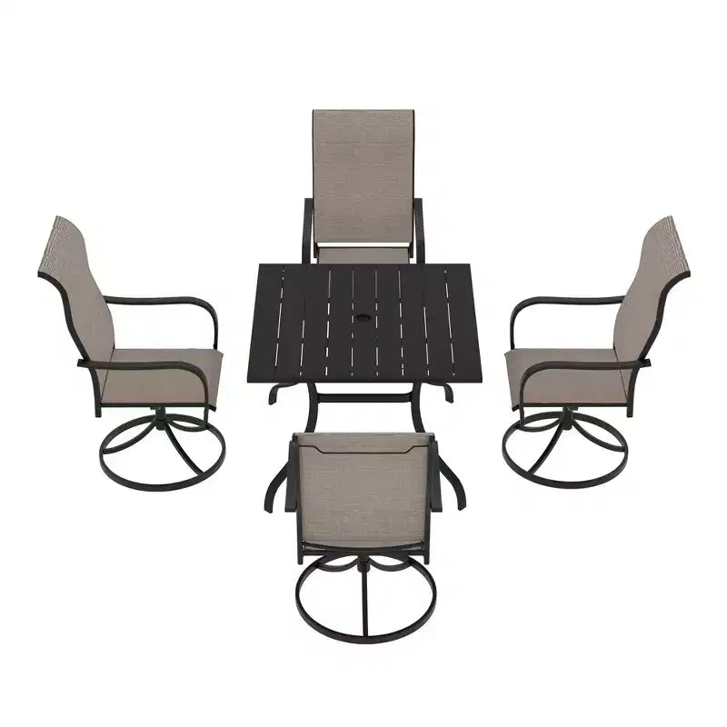 Mondawe Set da Pranzo da Esterno 5 Pezzi, Tavolo Quadrato con Foro per Ombrellone Integrato e Sedie Girevoli a 360 Gradi