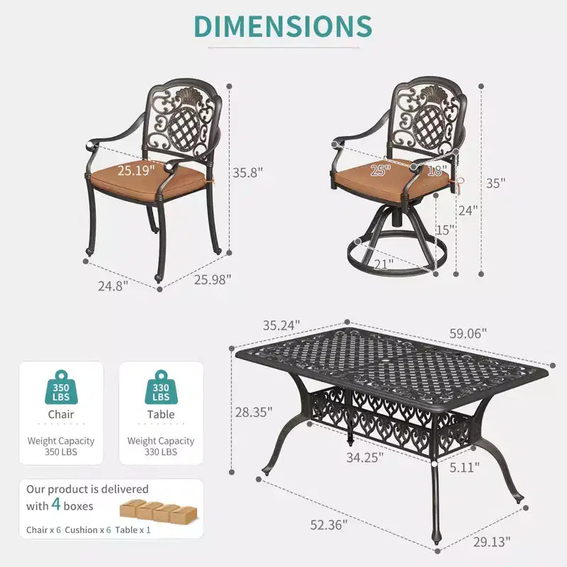 Set da pranzo da esterno di 7 pezzi, tavolo e sedie per 6 persone resistenti a tutte le condizioni atmosferiche, include 4 sedie da pranzo e 2 sedie girevoli e tavolo rettangolare da 60 pollici