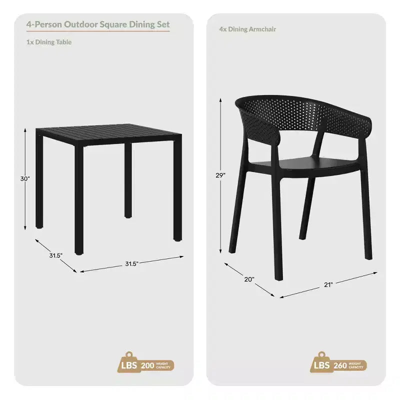 WestinTrends Playa, set da pranzo da esterni a 5 pezzi, con tavolo quadrato e sedie impilabili.