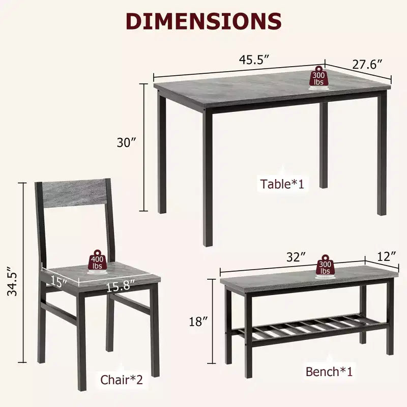 Set da pranzo per 4 persone, tavolo da cucina moderno con sedie e panca per piccoli spazi, set da pranzo per 4 persone con struttura in metallo e ripiano portaoggetti