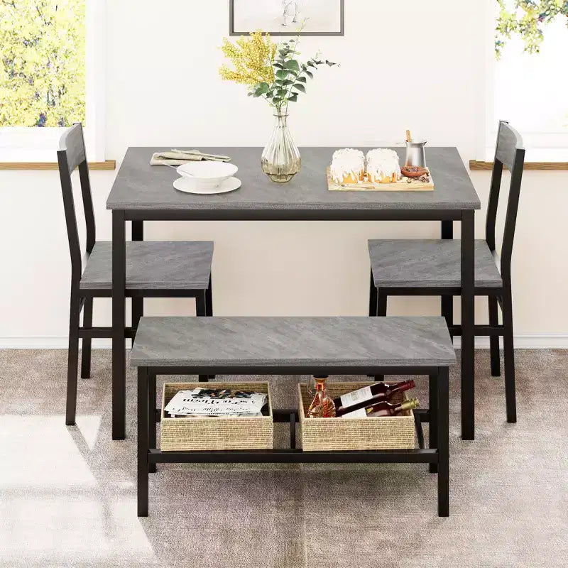 Set da pranzo per 4 persone, tavolo da cucina moderno con sedie e panca per piccoli spazi, set da pranzo per 4 persone con struttura in metallo e ripiano portaoggetti