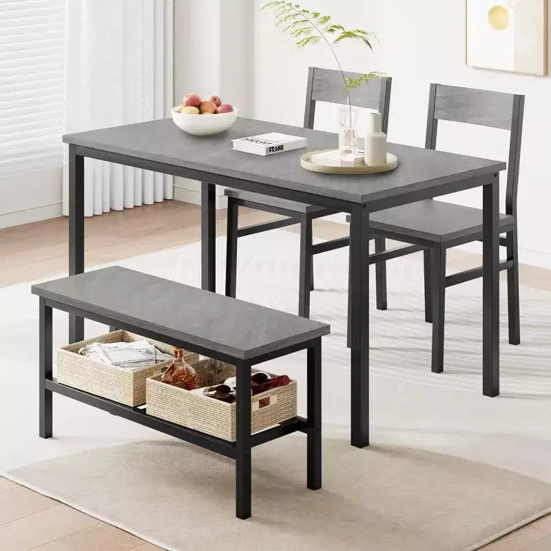 Set da pranzo per 4 persone, tavolo da cucina moderno con sedie e panca per piccoli spazi, set da pranzo per 4 persone con struttura in metallo e ripiano portaoggetti