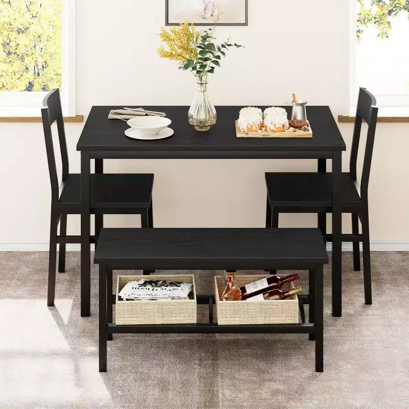 Set da pranzo per 4 persone, tavolo da cucina moderno con sedie e panca per piccoli spazi, set da pranzo per 4 persone con struttura in metallo e ripiano portaoggetti