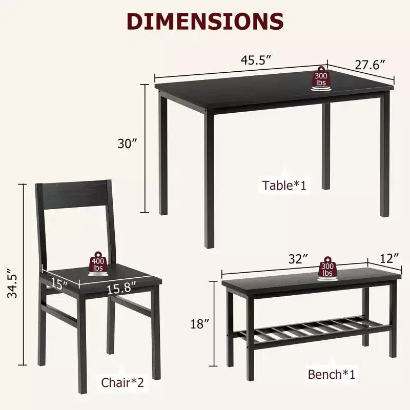 Set da pranzo per 4 persone, tavolo da cucina moderno con sedie e panca per piccoli spazi, set da pranzo per 4 persone con struttura in metallo e ripiano portaoggetti