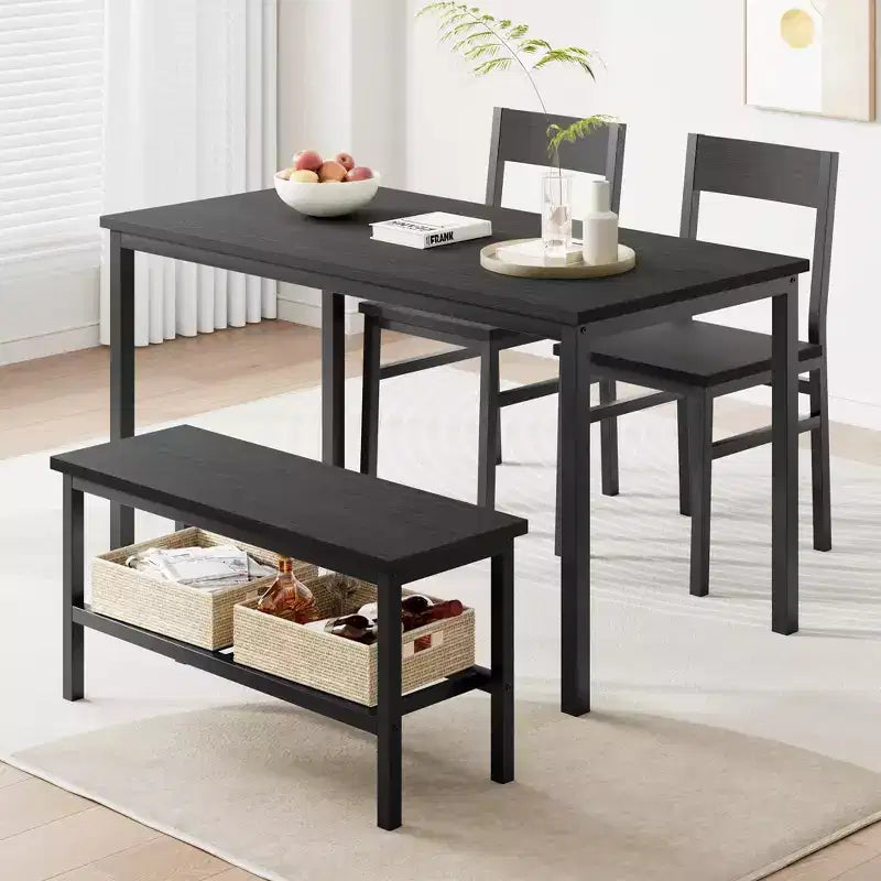 Set da pranzo per 4 persone, tavolo da cucina moderno con sedie e panca per piccoli spazi, set da pranzo per 4 persone con struttura in metallo e ripiano portaoggetti