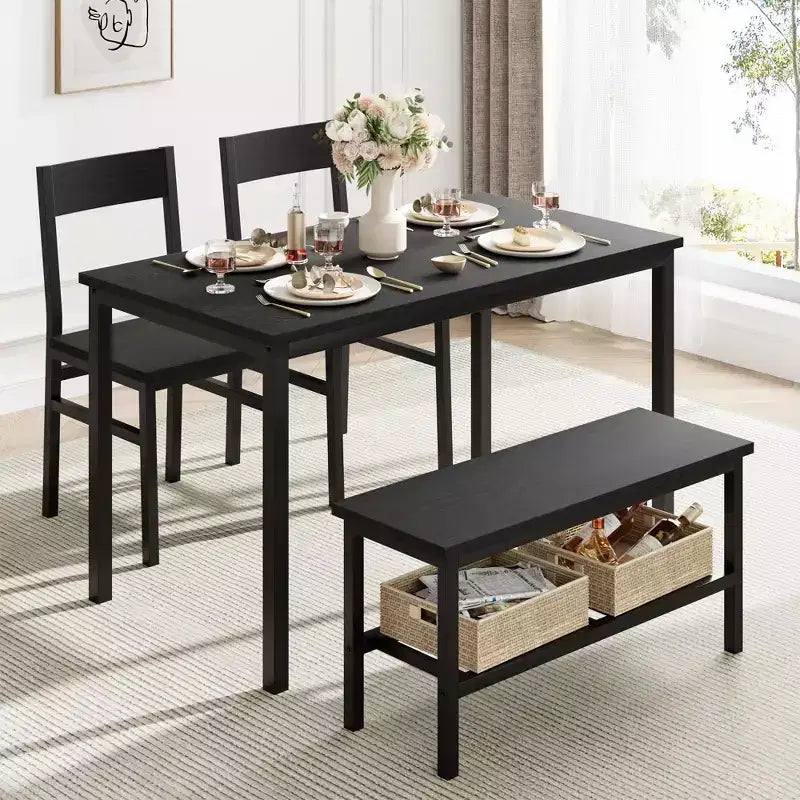 Dining Table Set for 4, Modern Kitchen Table with Chairs and Bench for Small Space, 4-Person Dining Room Table Set with Metal Frame and Storage Rack