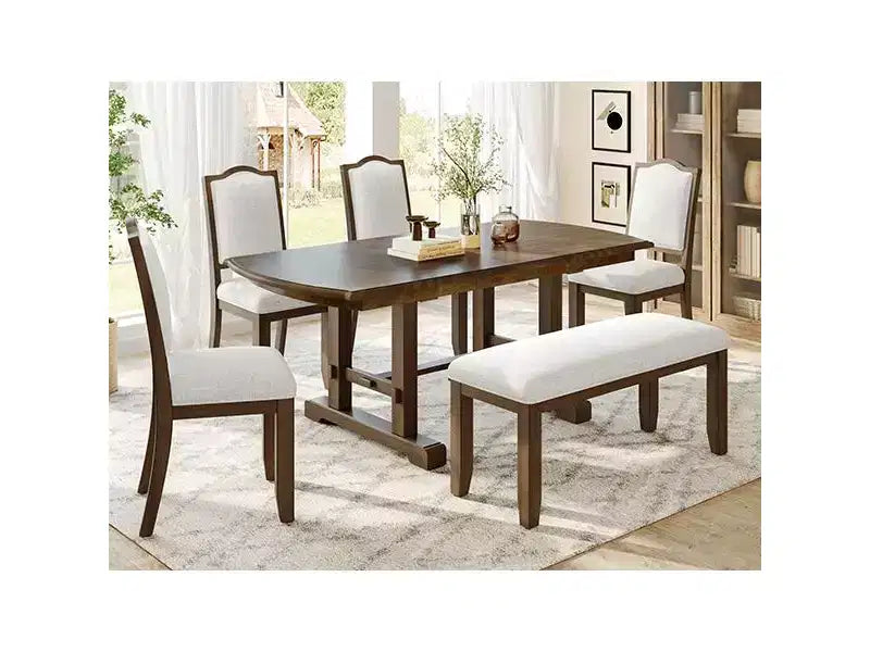 Set da pranzo allungabile per 6 persone in stile rustico, 7 pezzi: tavolo da cucina allungabile in legno con 6 sedie imbottite