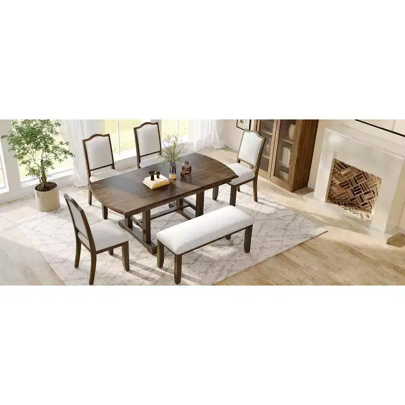 Set da pranzo allungabile per 6 persone in stile rustico, 7 pezzi: tavolo da cucina allungabile in legno con 6 sedie imbottite