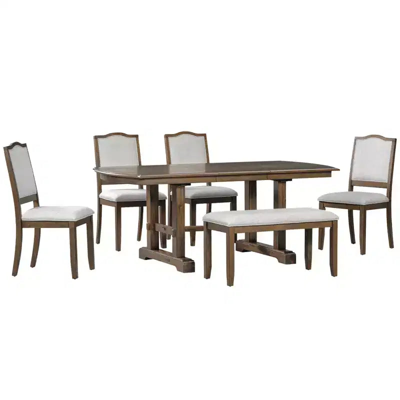Set da pranzo allungabile per 6 persone in stile rustico, 7 pezzi: tavolo da cucina allungabile in legno con 6 sedie imbottite