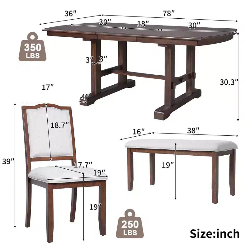 Set da pranzo allungabile per 6 persone in stile rustico, 7 pezzi: tavolo da cucina allungabile in legno con 6 sedie imbottite