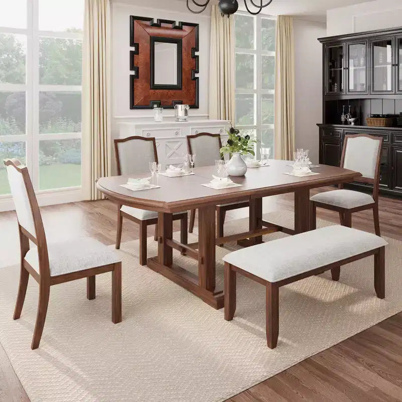 Set da pranzo allungabile per 6 persone in stile rustico, 7 pezzi: tavolo da cucina allungabile in legno con 6 sedie imbottite
