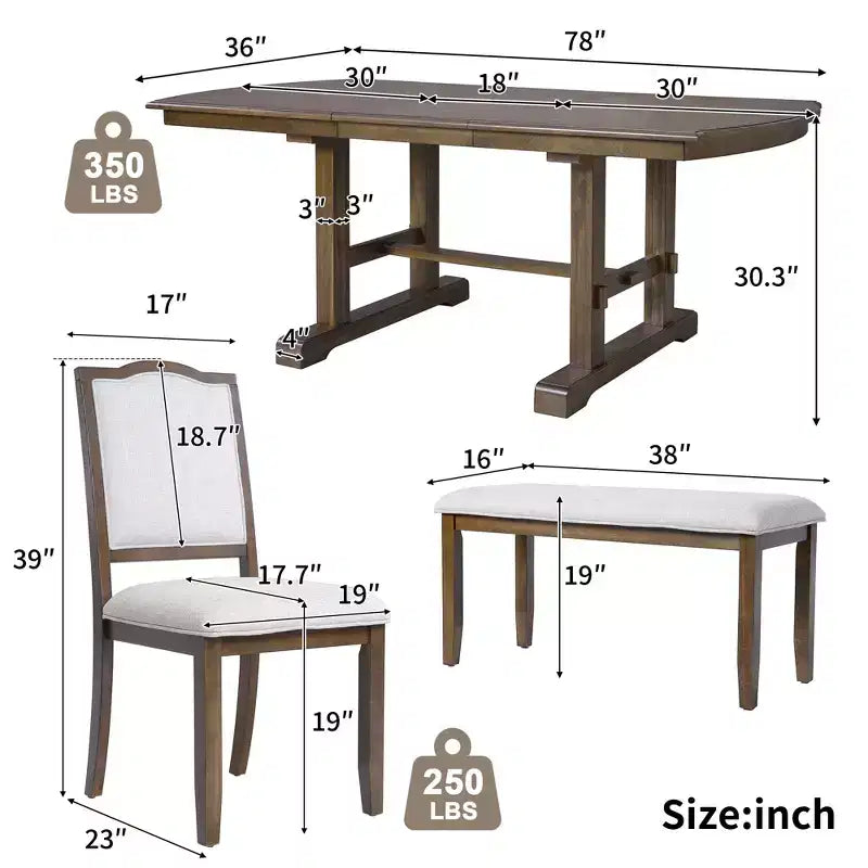 Set da pranzo allungabile per 6 persone in stile rustico, 7 pezzi: tavolo da cucina allungabile in legno con 6 sedie imbottite