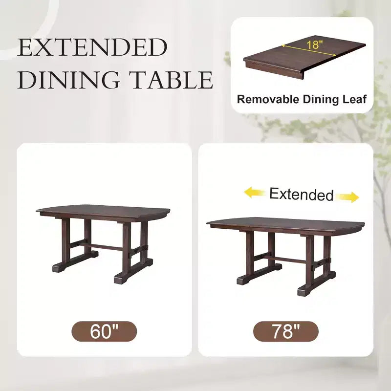 Set da pranzo allungabile per 6 persone in stile rustico, 7 pezzi: tavolo da cucina allungabile in legno con 6 sedie imbottite