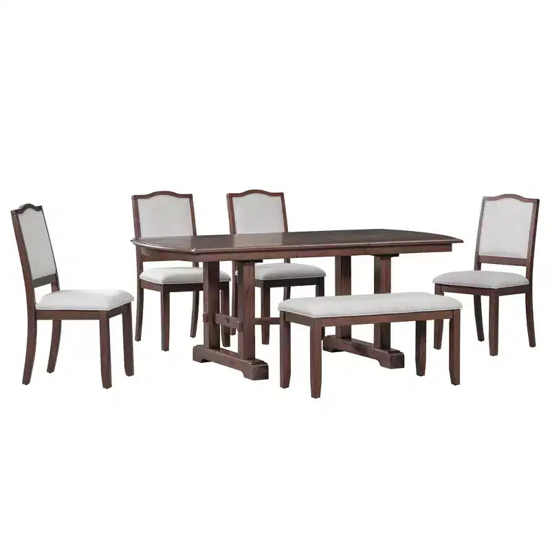 Set da pranzo allungabile per 6 persone in stile rustico, 7 pezzi: tavolo da cucina allungabile in legno con 6 sedie imbottite