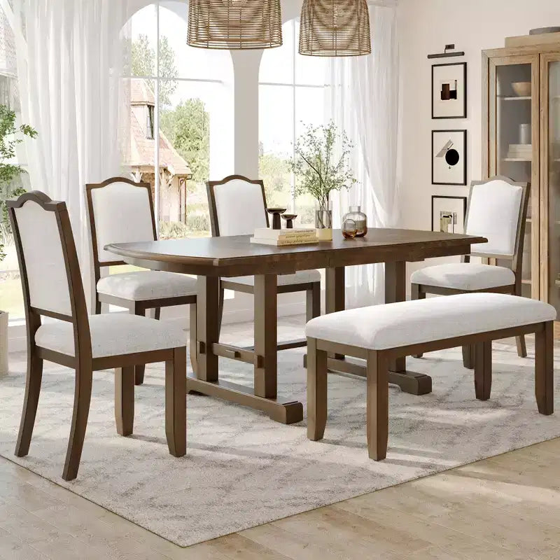 Set da pranzo allungabile per 6 persone in stile rustico, 7 pezzi: tavolo da cucina allungabile in legno con 6 sedie imbottite