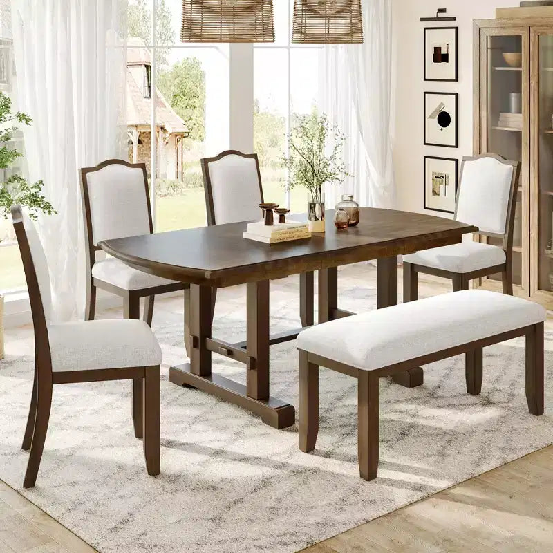 Set da pranzo allungabile per 6 persone in stile rustico, 7 pezzi: tavolo da cucina allungabile in legno con 6 sedie imbottite