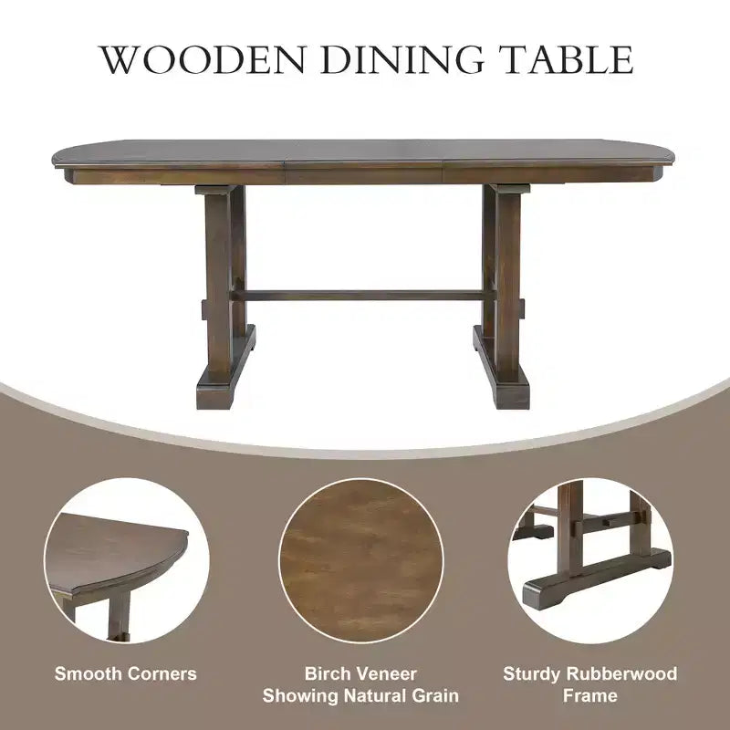 Set da pranzo allungabile per 6 persone in stile rustico, 7 pezzi: tavolo da cucina allungabile in legno con 6 sedie imbottite