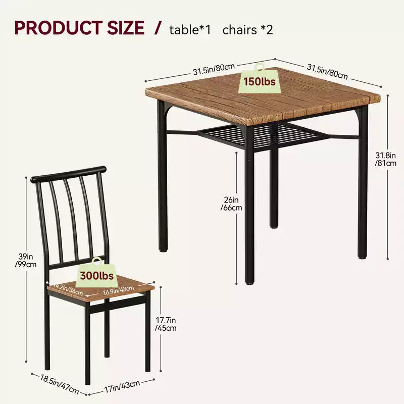 Set da Tavolo da Pranzo per 2, Set da Tavolo da Cucina Quadrato con 2 Sgabelli e Scaffale Portaoggetti, Tavolo da Colazione in Legno per Soggiorno Spazi Piccoli