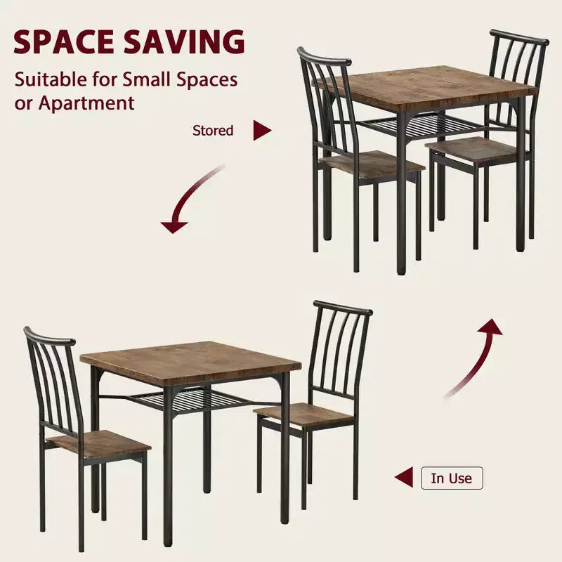 Set da Tavolo da Pranzo per 2, Set da Tavolo da Cucina Quadrato con 2 Sgabelli e Scaffale Portaoggetti, Tavolo da Colazione in Legno per Soggiorno Spazi Piccoli