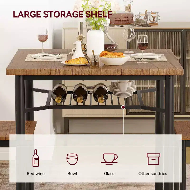 Set da Tavolo da Pranzo per 2, Set da Tavolo da Cucina Quadrato con 2 Sgabelli e Scaffale Portaoggetti, Tavolo da Colazione in Legno per Soggiorno Spazi Piccoli