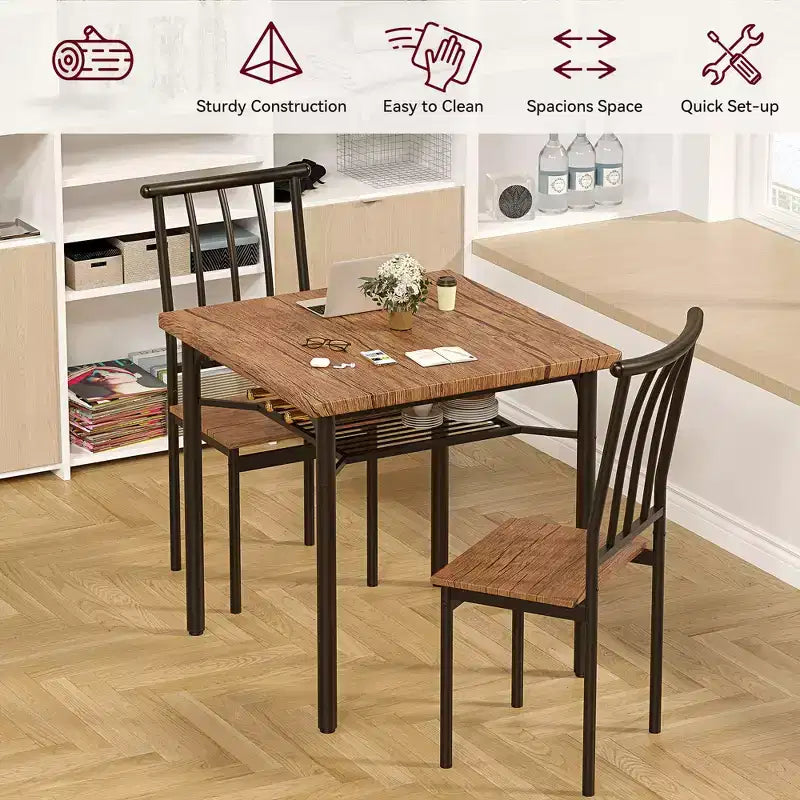 Set da Tavolo da Pranzo per 2, Set da Tavolo da Cucina Quadrato con 2 Sgabelli e Scaffale Portaoggetti, Tavolo da Colazione in Legno per Soggiorno Spazi Piccoli