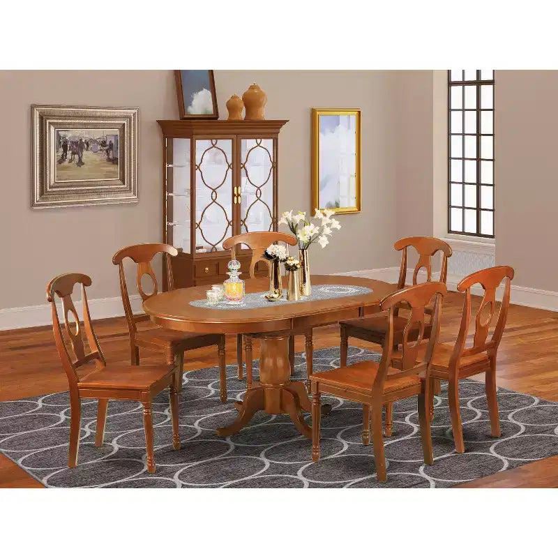 HomeStock Belmont Dining Room Set-Oval Dining Table With Leaf And Chairs, Saddle Brown