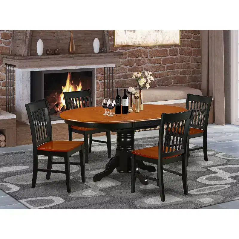 HomeStock Belmont 5Pc Oval 42/60 Inch Dining Table With 18 In Self Storing Butterfly Leaf And Four Wood Seat Chairs