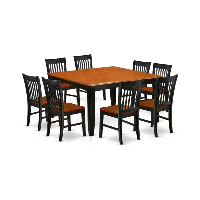 HomeStock Belmont 9Pc Square 36/54 Inch Family Table With 18 In Butterfly Leaf And 8 Wood Seat Dining Chairs
