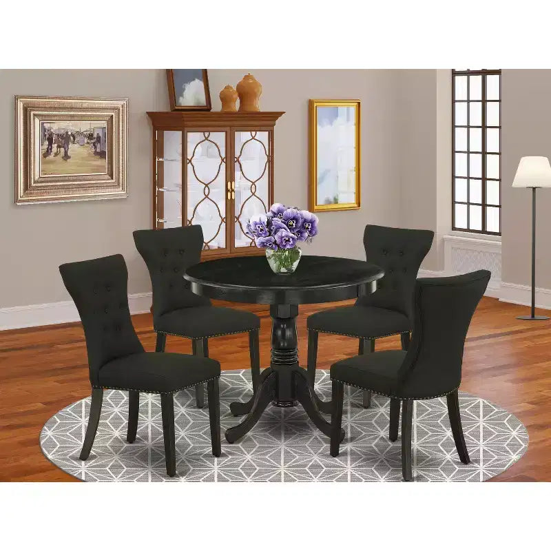 HomeStock Belmont 5-Pc Kitchen Table and Chairs Set Included a Round Dining Table & 4 Parson Chairs, Wirebrushed Black Finish