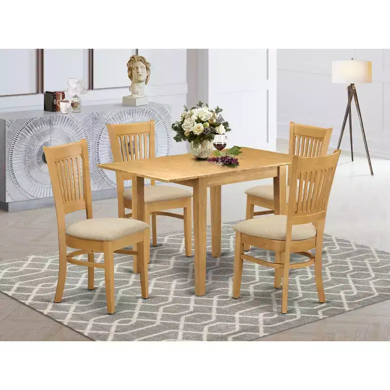 HomeStock Belmont 5Pc Dinette Set for Small Spaces Includes a Dining Room Table and 4 Dinette Chairs with Linen Fabic Seat and Slat Back, Oak Finish